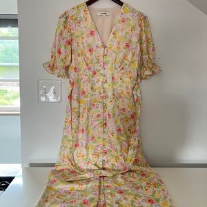 Simple retro floral sun puff sleeve dress